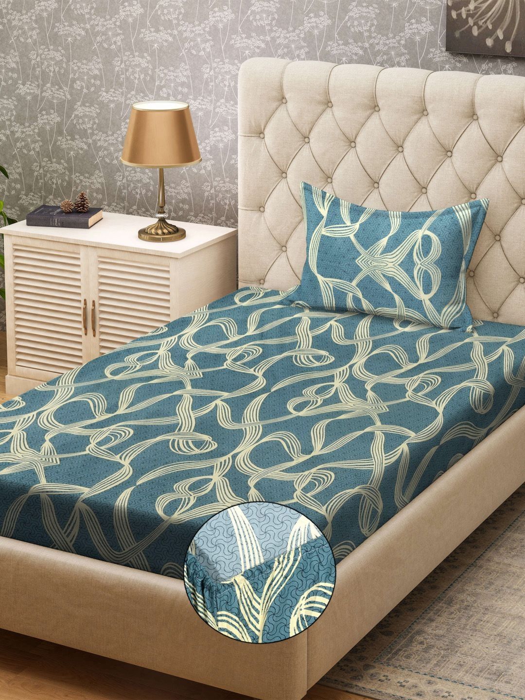 KLOTTHE Green & Yellow Printed 300TC Fitted Single Bedsheet & Pillow Cover