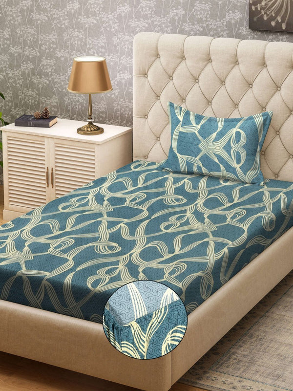 KLOTTHE Green & Yellow Printed 300TC Fitted Single Bedsheet & Pillow Cover