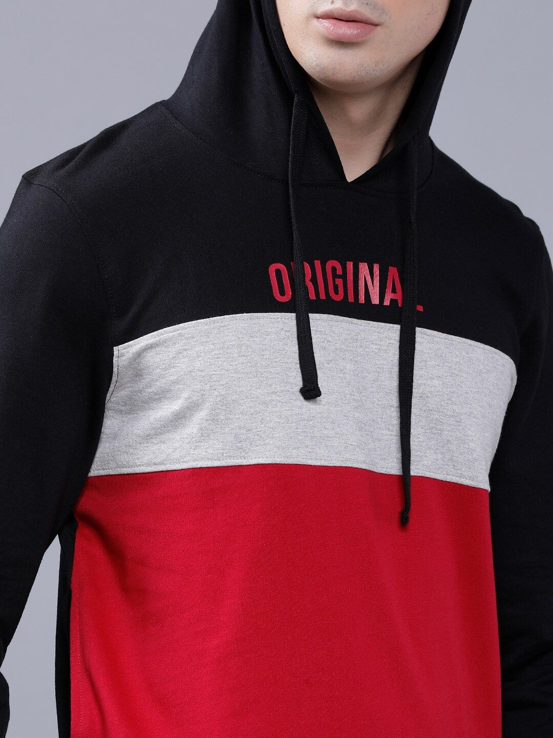 The Indian Garage Co Men Black & Red Colourblocked Hooded Sweatshirt
