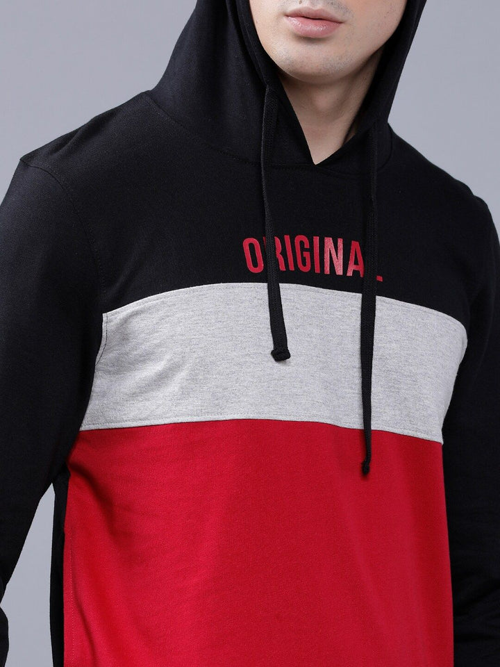 The Indian Garage Co Men Black & Red Colourblocked Hooded Sweatshirt