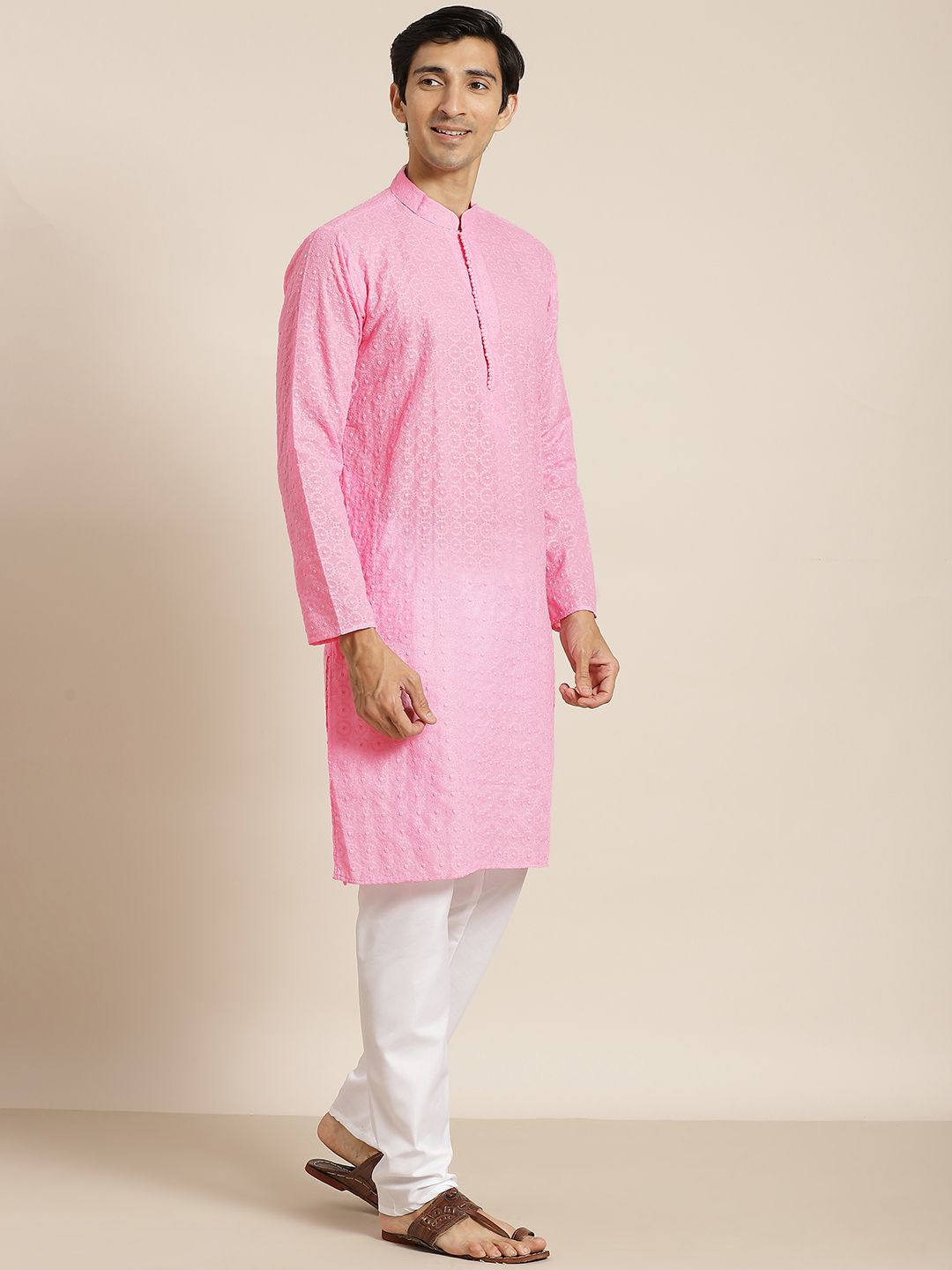 SOJANYA Men Pink Chikankari Pure Cotton Kurta with Churidar & Nehru Jacket