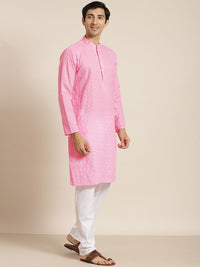 SOJANYA Men Pink Chikankari Pure Cotton Kurta with Churidar & Nehru Jacket