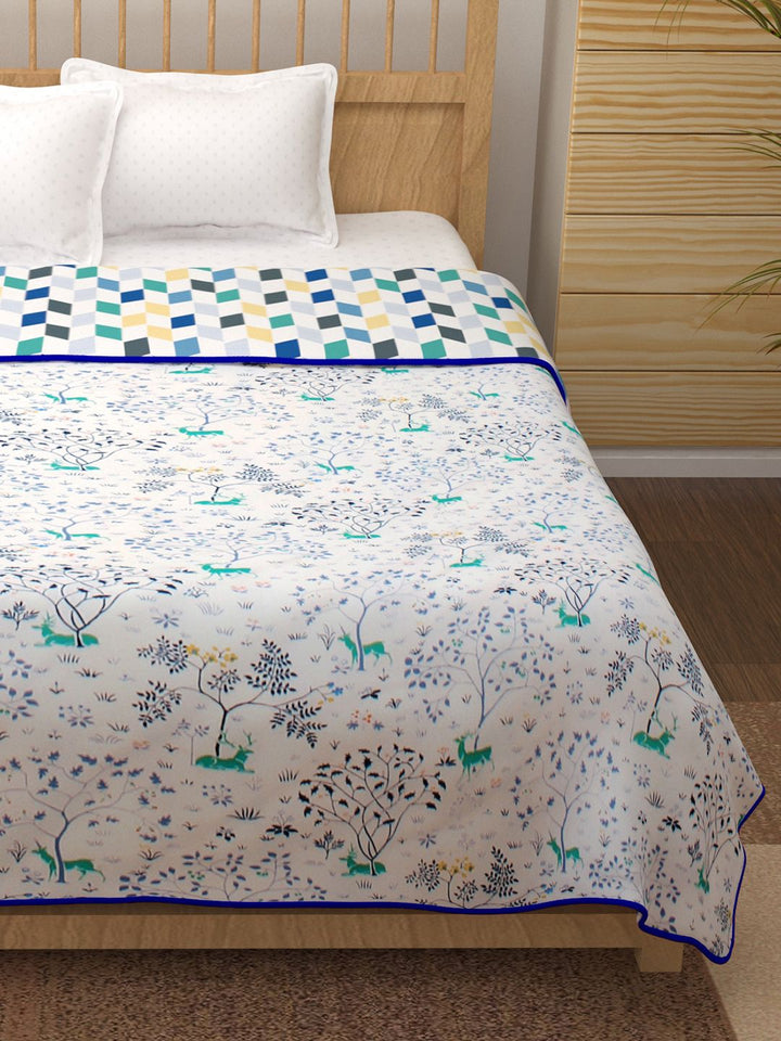 Story@home White & Blue Floral Cotton AC Room 150 GSM Reversible Double Bed Dohar