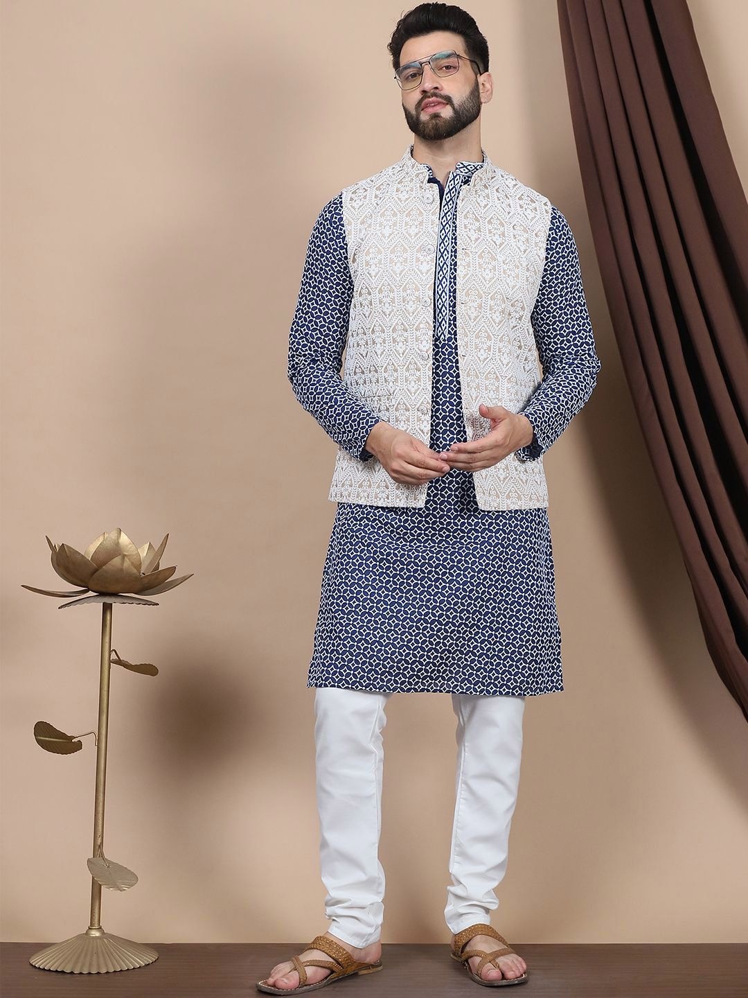 Anouk Navy Blue Ethnic Motifs Printed Pure Cotton Kurta with Churidar