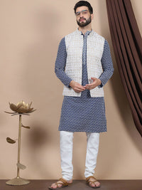 Anouk Navy Blue Ethnic Motifs Printed Pure Cotton Kurta with Churidar