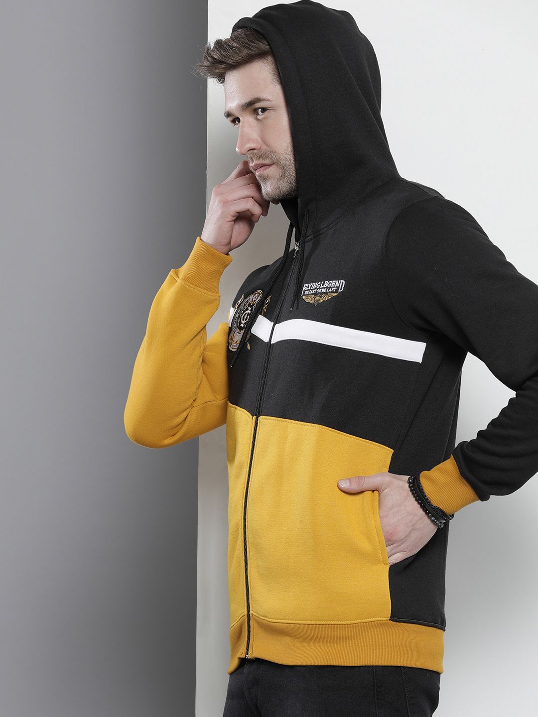 The Indian Garage Co Men Black & Yellow Colourblocked Hooded Sweatshirt
