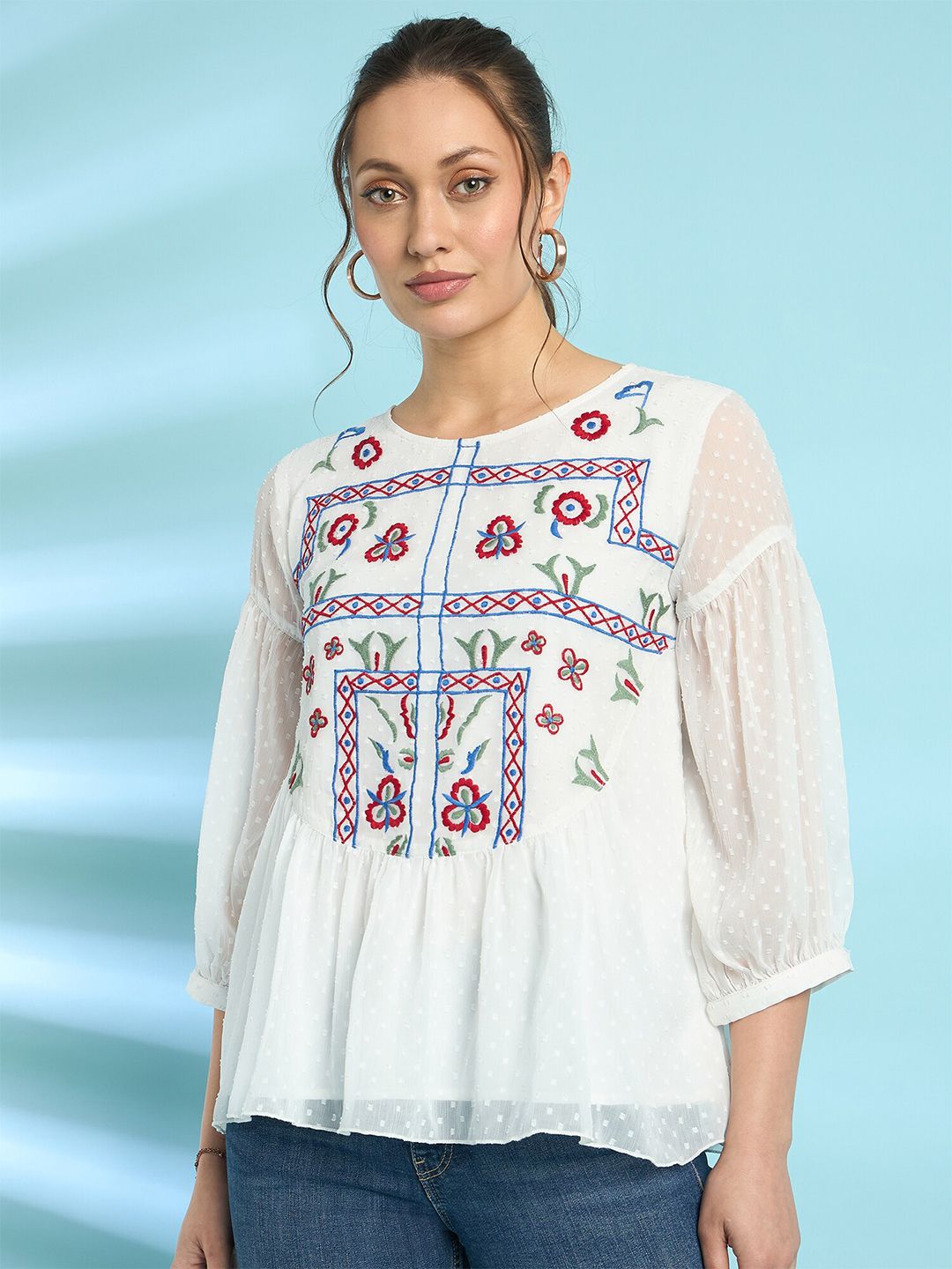 Antheaa Embroidered Chiffon Top