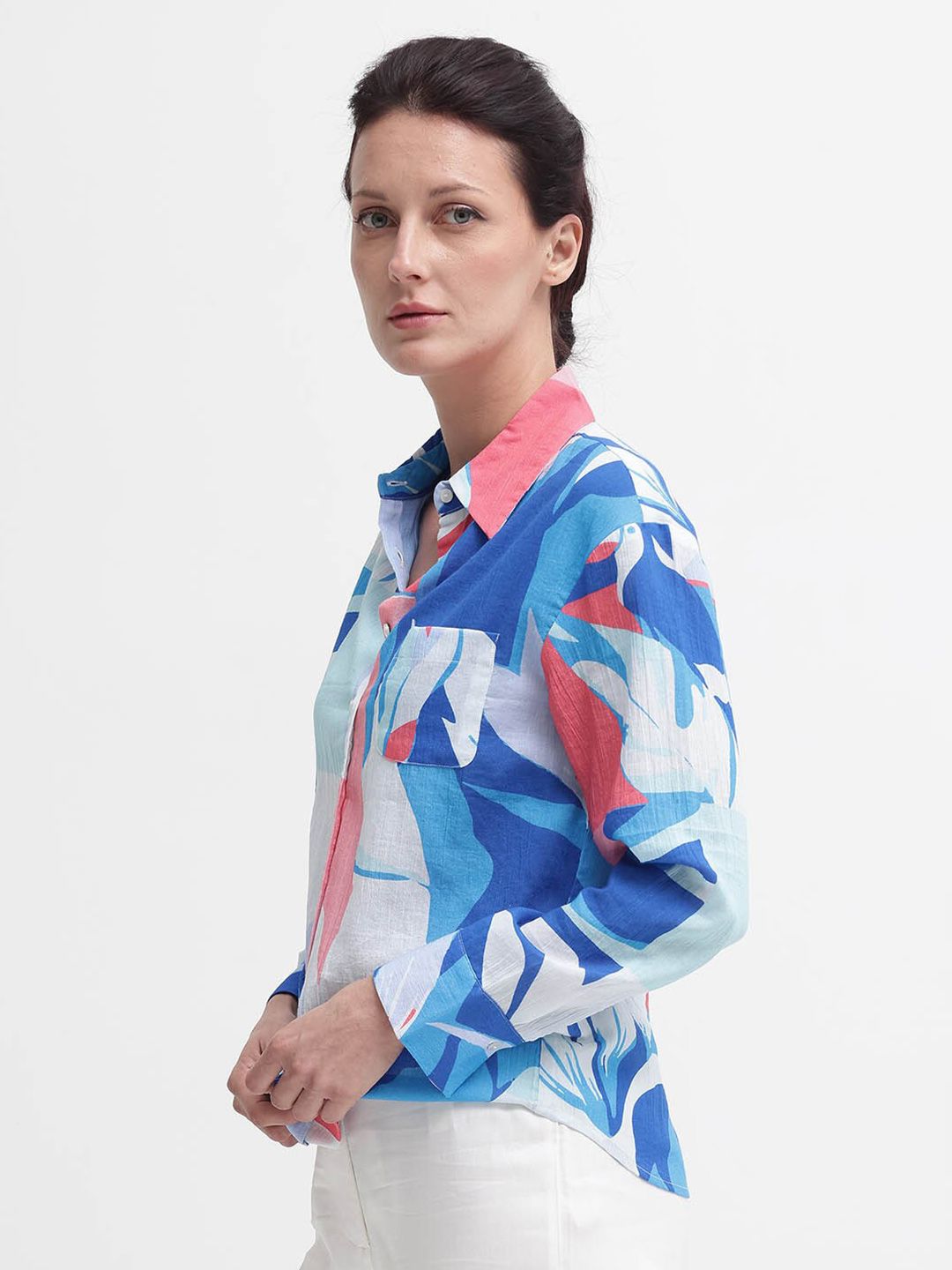 RAREISM Print Mandarin Collar Cotton Top