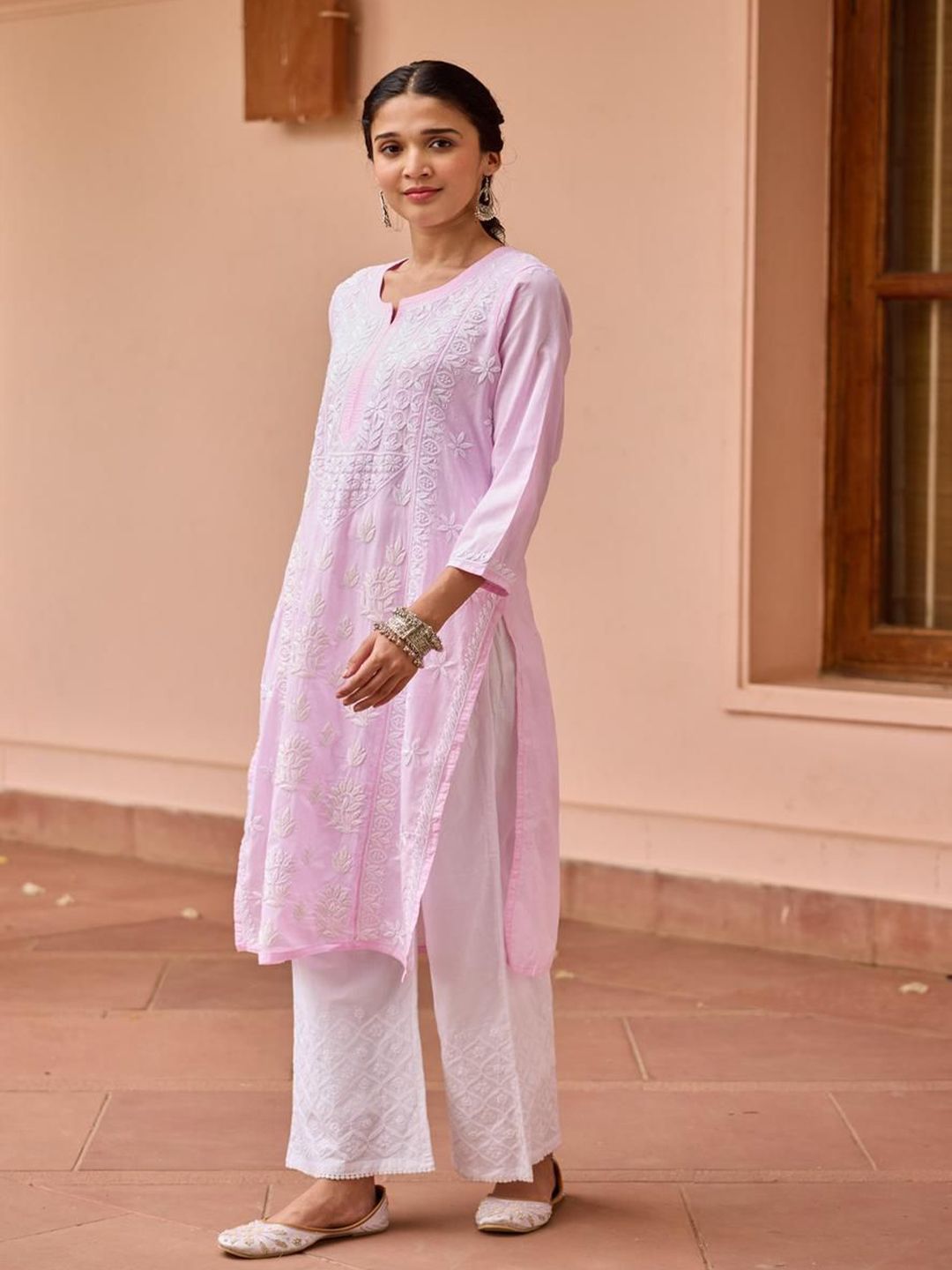 House of Chikankari Women Pink Cotton Chikankari Embroidered Kurta