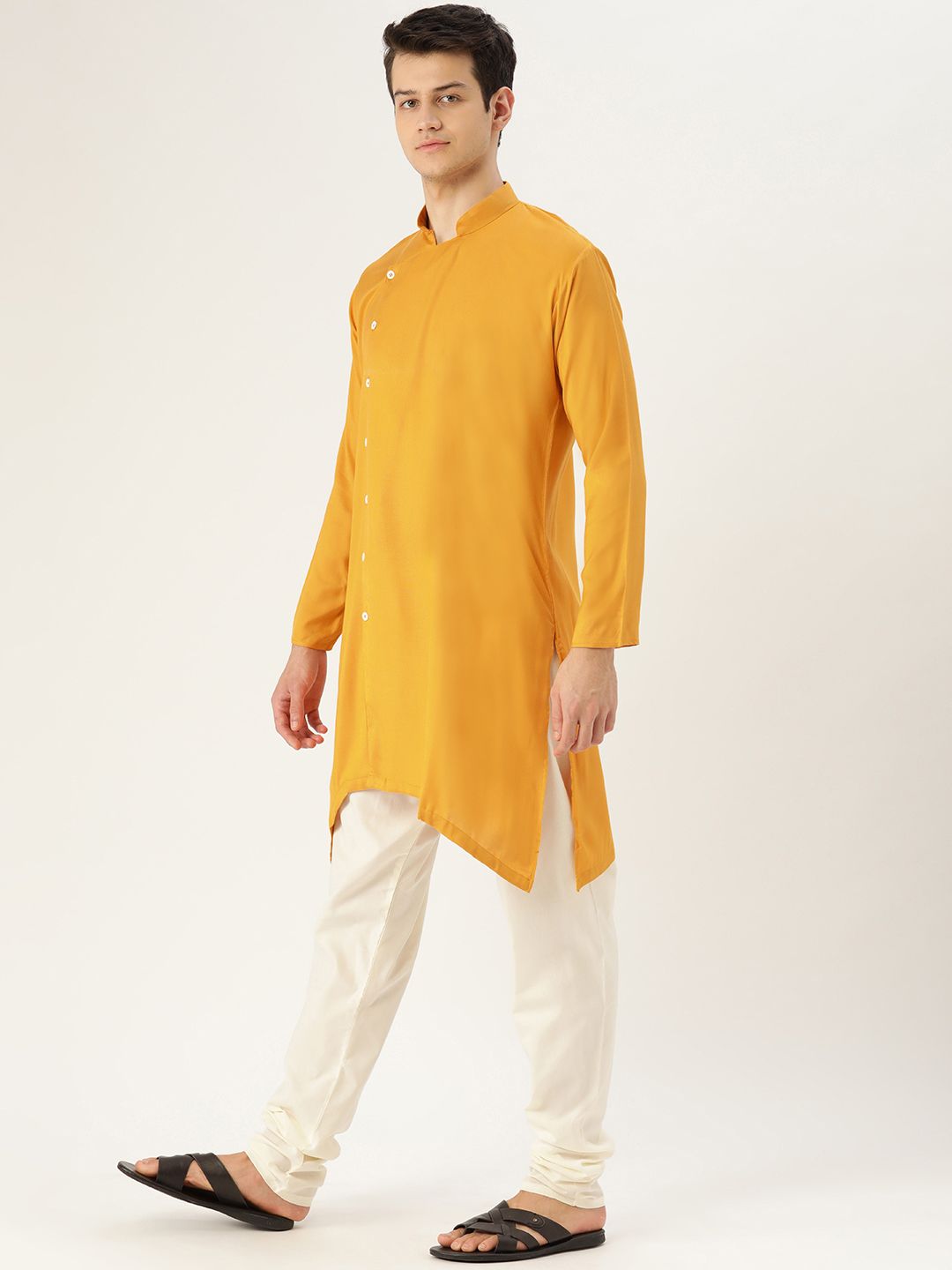 SOJANYA Men Mustard Yellow Solid Straight Asymmetric Kurta