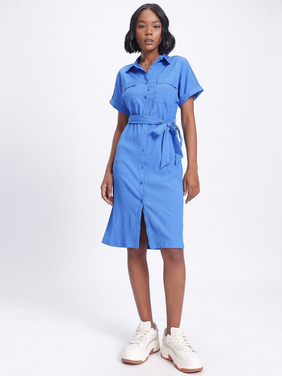 DressBerry Textured Belted Shirt Style Dress