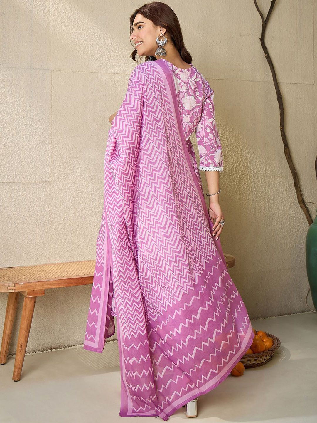 Indo Era Floral Printed V Neck Pure Cotton Panelled A-Line Kurta with Trousers & Dupatta