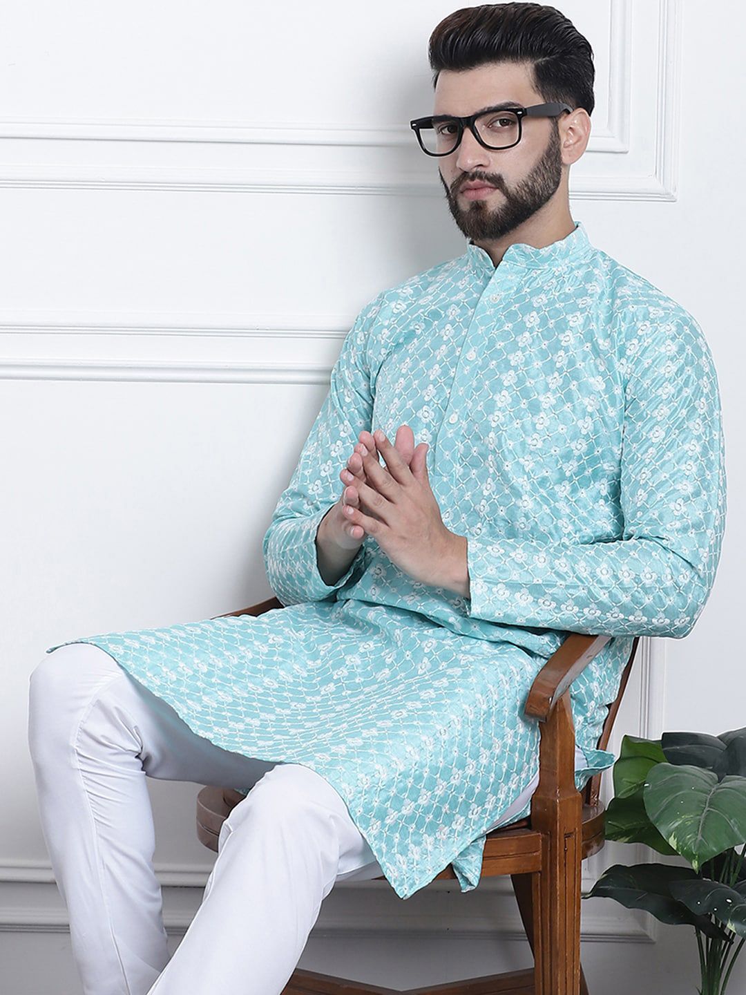SOJANYA Kurta Lurus Kolar Band Sulam Bunga