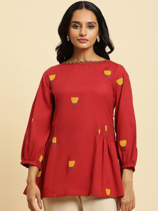 W Red Floral Print Puffed Sleeves Smocked Cotton A-Line Top