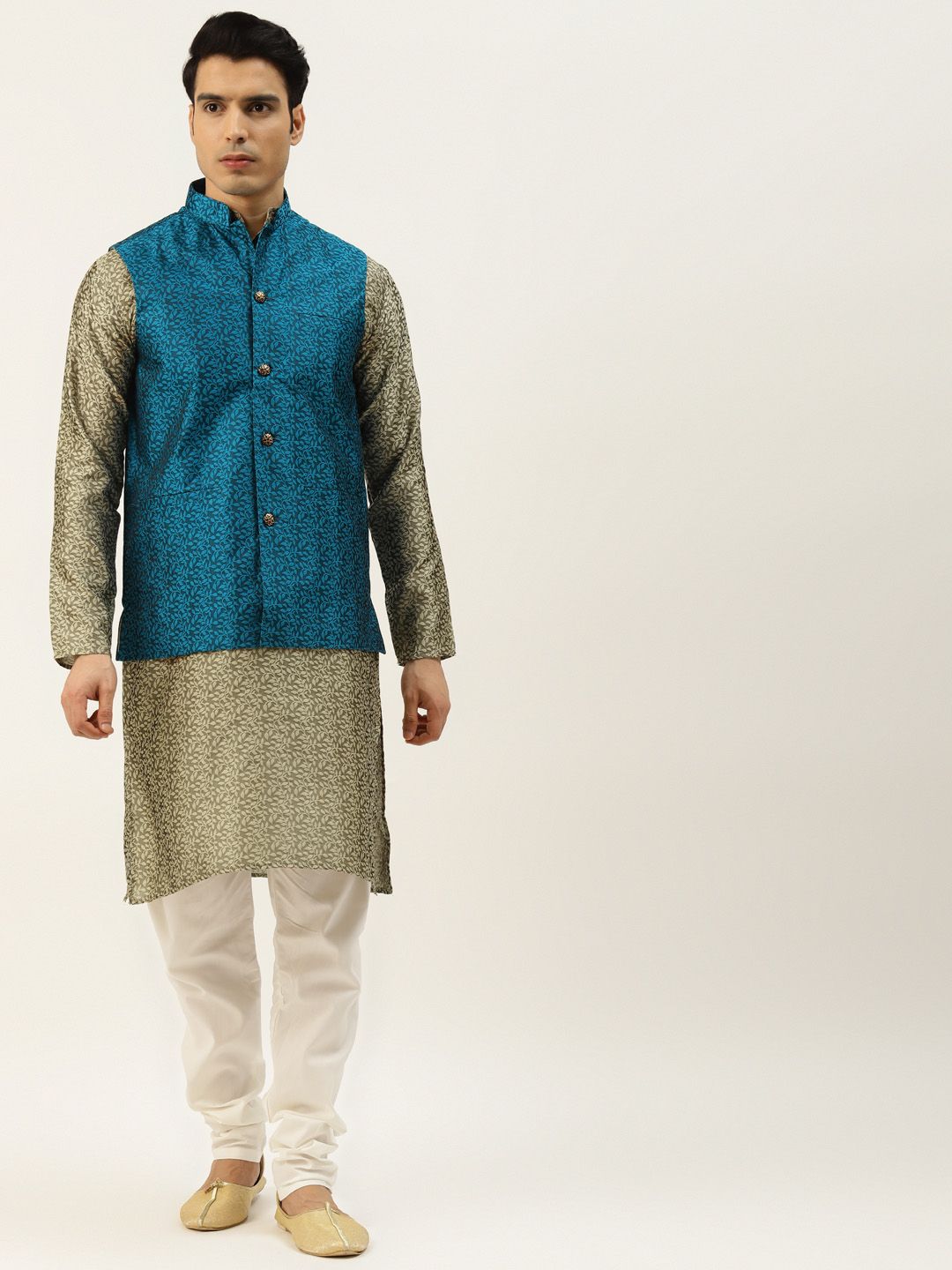 SOJANYA Lelaki Beige Self Design Jacquard Silk Kurta with Churidar & Nehru Jacket