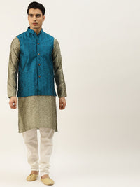 SOJANYA Lelaki Beige Self Design Jacquard Silk Kurta with Churidar & Nehru Jacket
