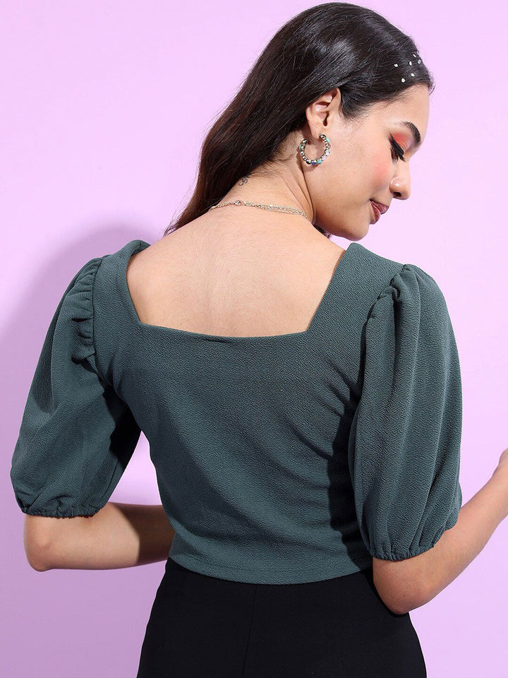 Tokyo Talkies Green Square Neck Puffed Sleeves Crop Top