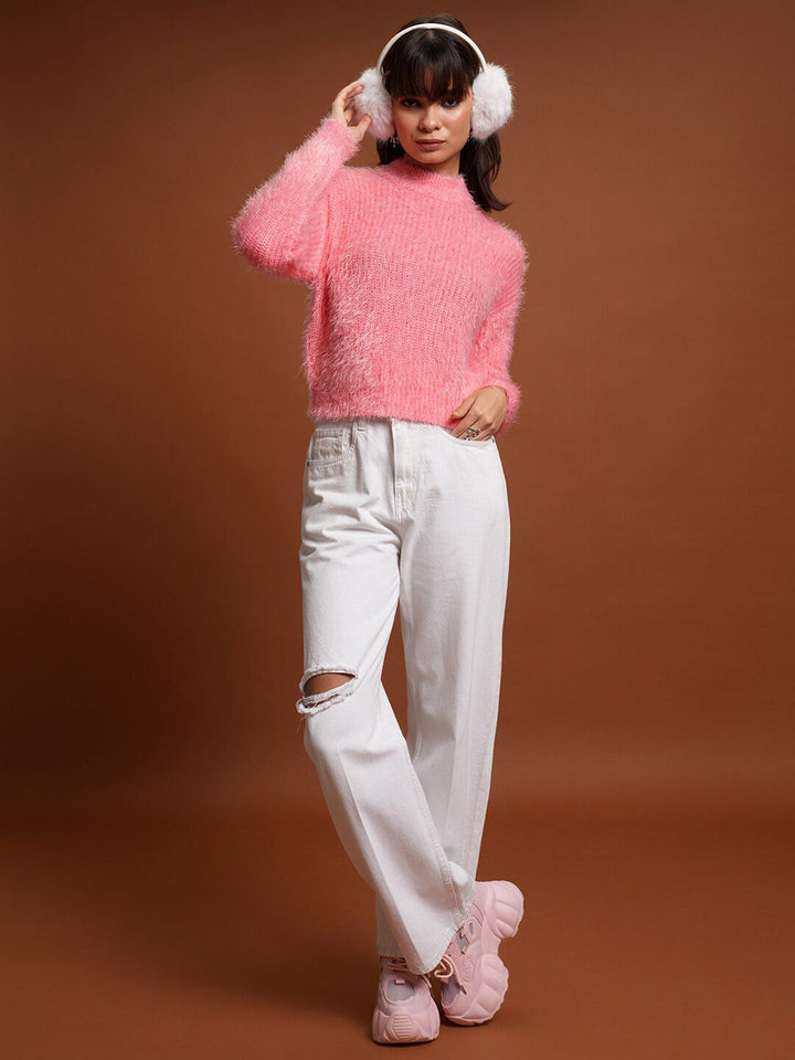 Tokyo Talkies Pink Self Design Acrylic Pullover