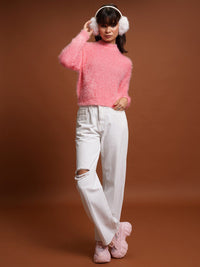 Tokyo Talkies Pink Self Design Acrylic Pullover