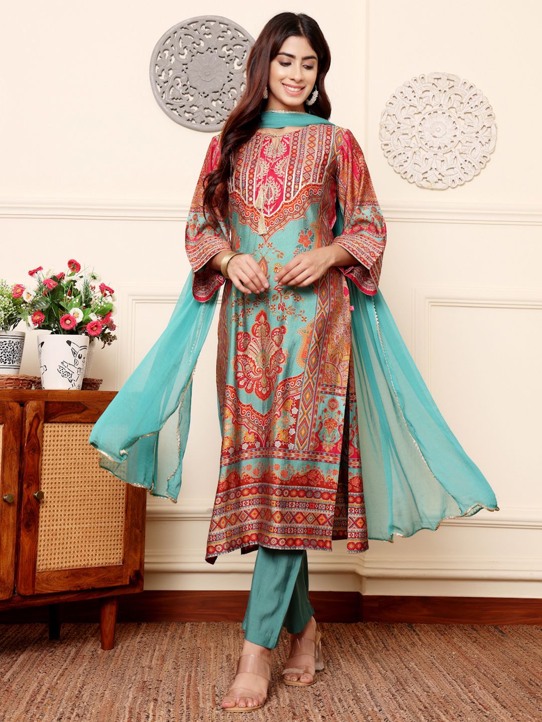 Varanga Ethnic Motifs Printed Chanderi Silk Kurta With Trousers And Dupatta