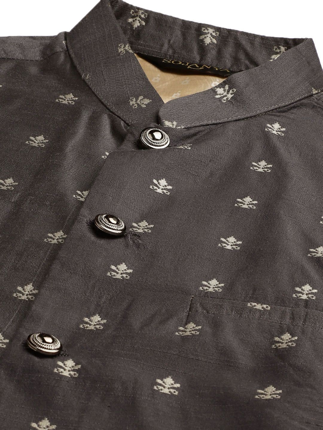 SOJANYA Men Charcoal Ethnic Motifs Kurta Set With Nehru Jacket