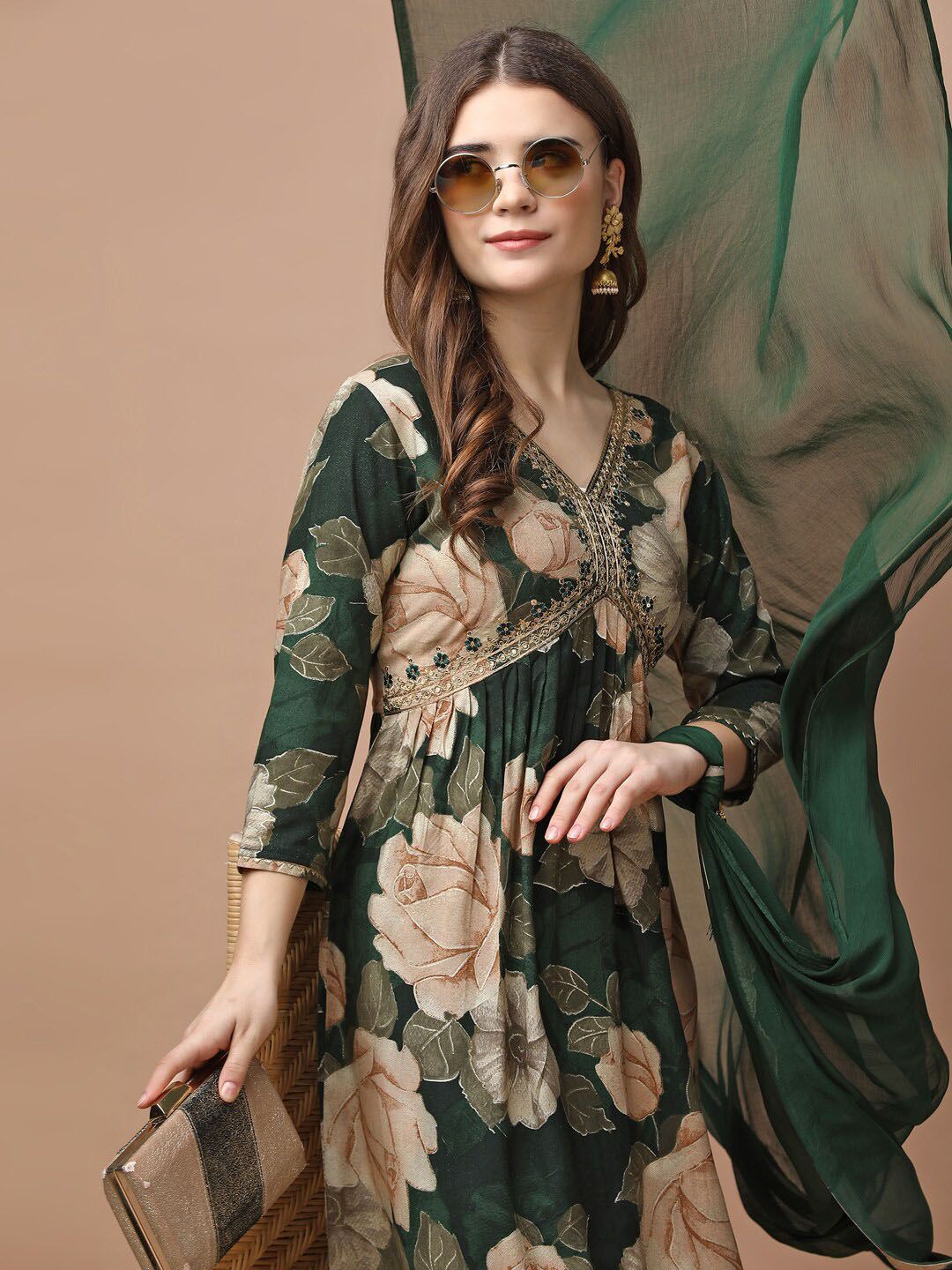 KALINI Floral Printed Empire Sequinned Kurta With Trousers & Dupatta