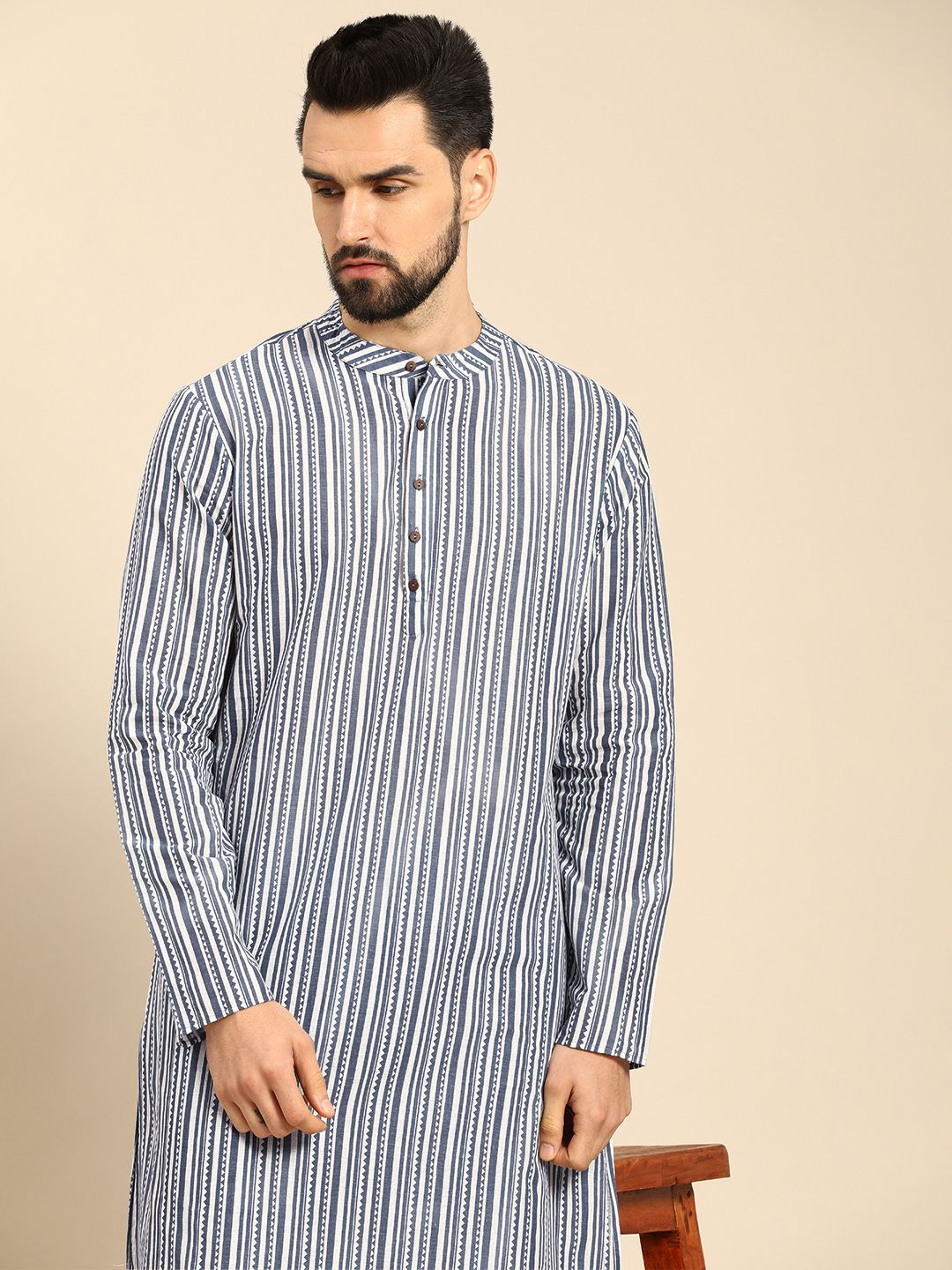 Anouk Men White Printed Pure Cotton Kurta with Trousers