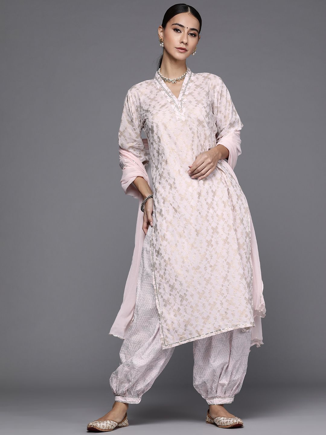 Libas Women Pink & Gold-Toned Ethnic Printed Pure Cotton Kurta with Salwar & With Dupatta