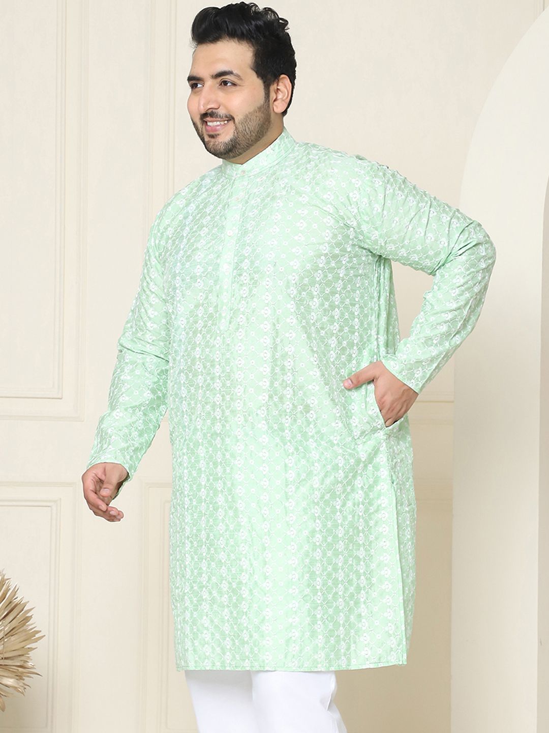 SOJANYA PLUS Lelaki Kurta Sulam Chikankari Biru & Putih