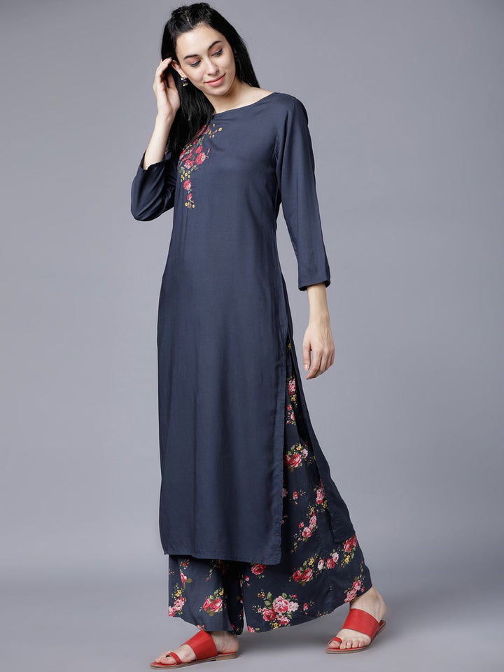 Vishudh Women Blue Floral Printed Regular Kurta with Palazzos