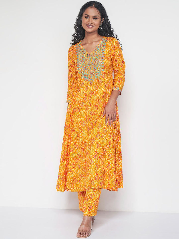 Global Desi Bandhani Printed Thread Work Anarkali Kurta