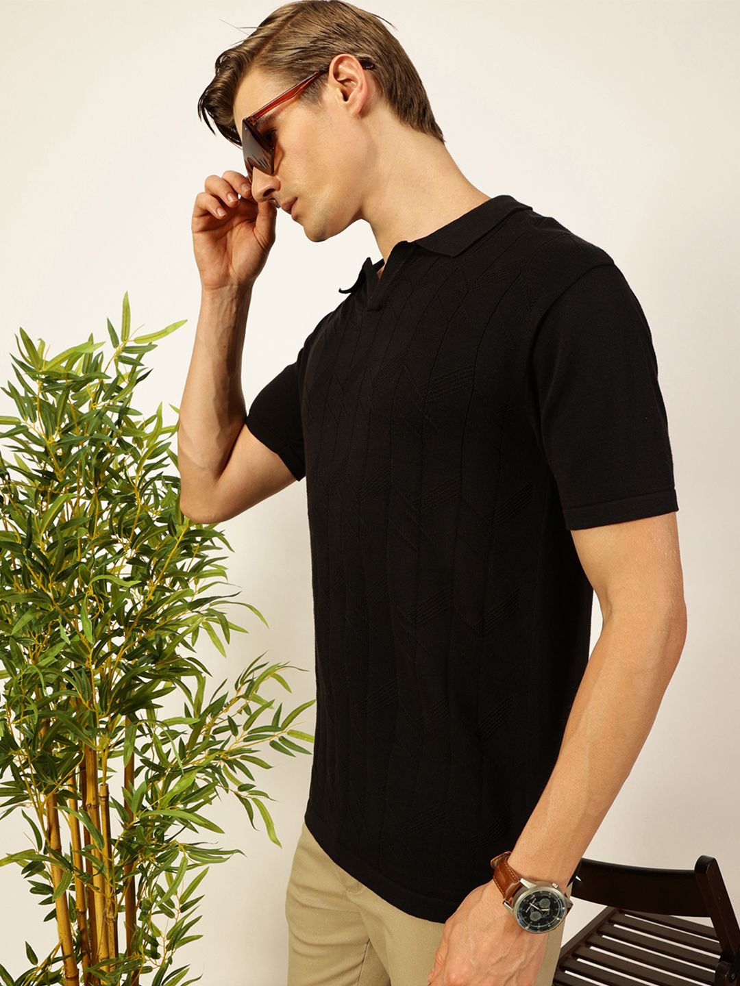 Thomas Scott Men Self Design Regular Fit Knitted Polo T-shirt