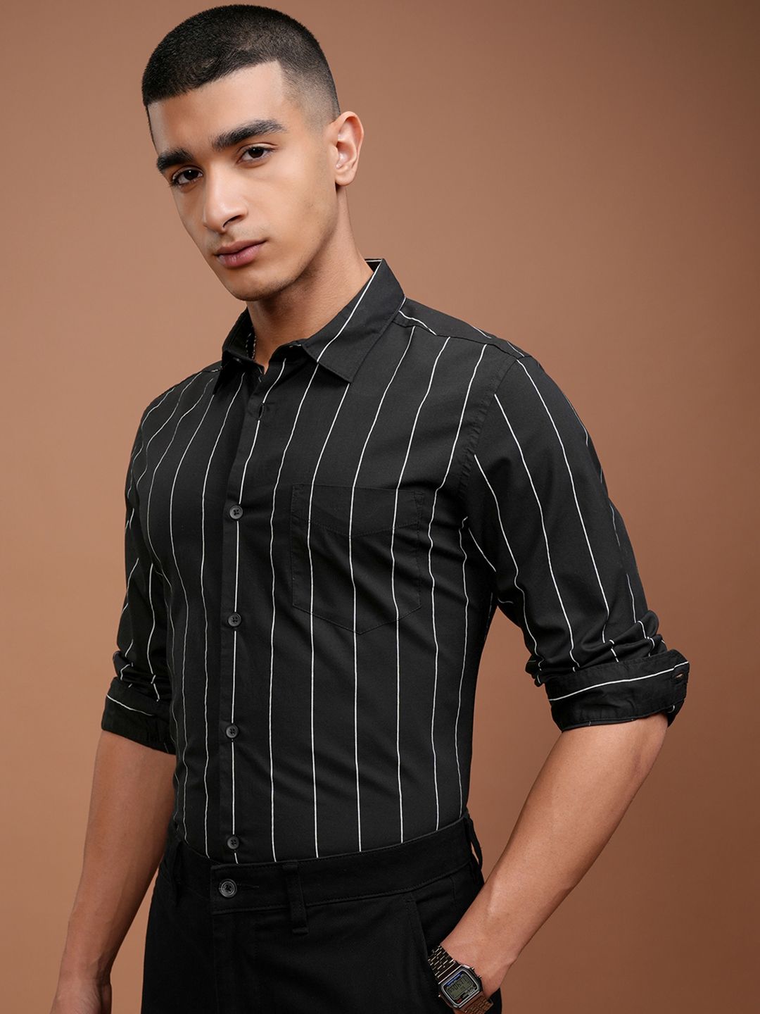 HIGHLANDER Men Black Slim Fit Striped  Cotton Casual Shirt