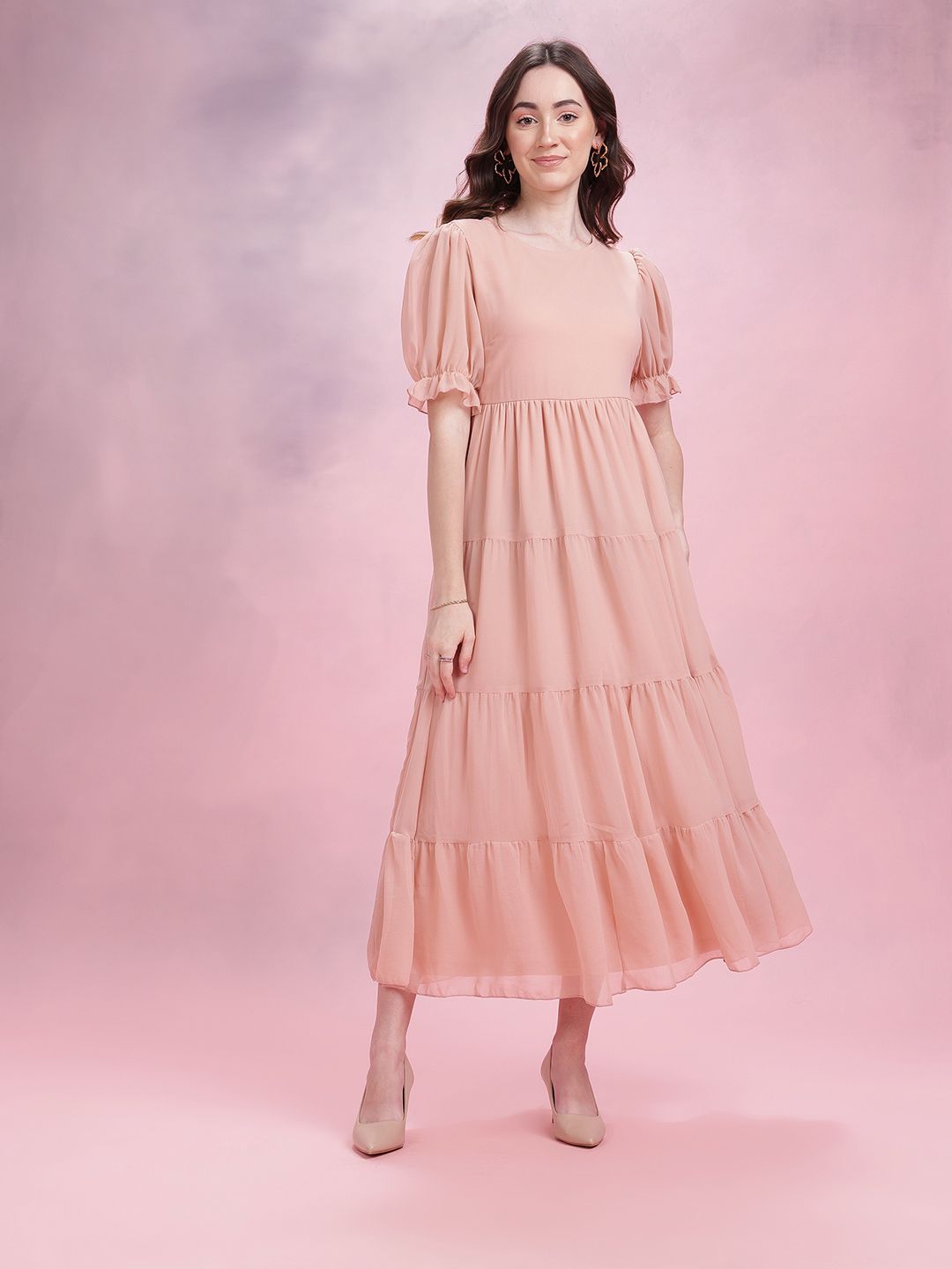 DressBerry Puff Sleeve Tiered A-Line Midi Dress