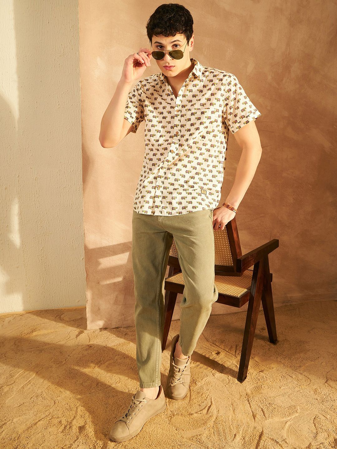 DENNISON Smart Ethnic Motifs Printed Spread Collar Cotton Oversized Lightweight Shirt