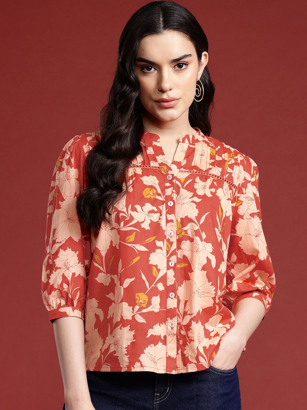 all about you Floral Print Mandarin Collar Puff Sleeves Pure Cotton Shirt Style Top