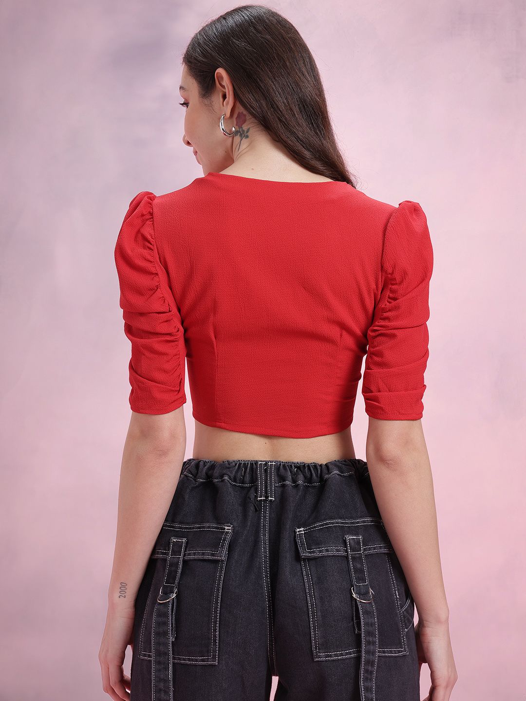 DressBerry Solid Pleated Puff Sleeve Crop Top