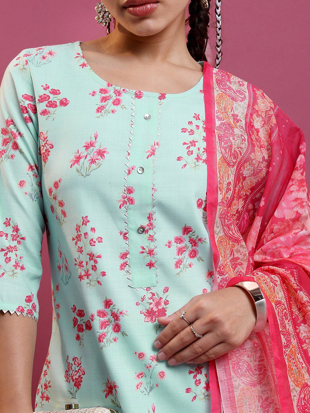 Vishudh Blue Floral Printed Gotta Patti Straight Kurta with Trousers & Dupatta