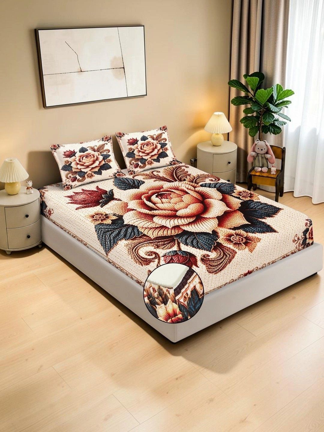 KLOTTHE Berwarna Bunga 400 TC Cadar King dengan 2 Sarung Bantal