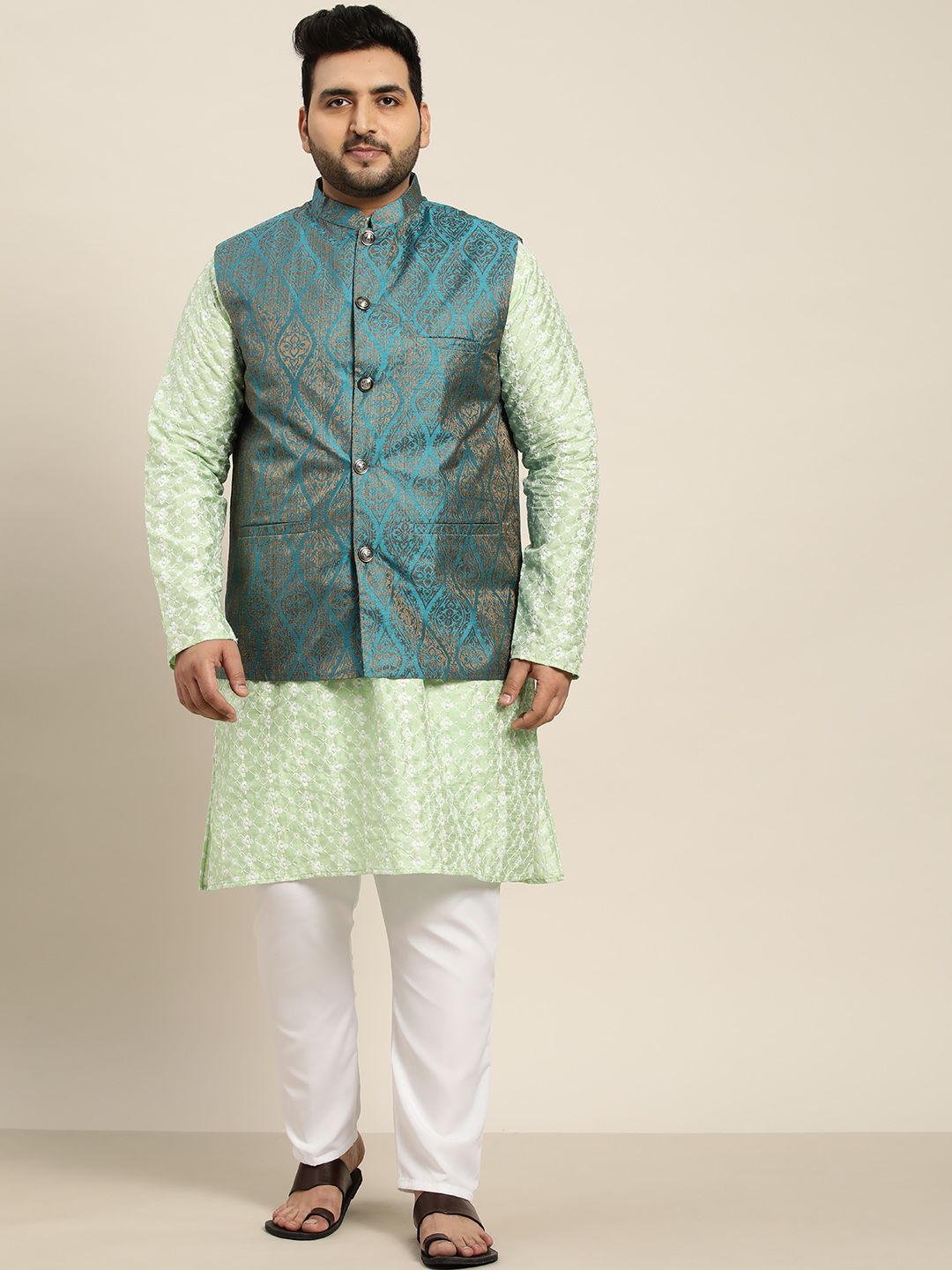 SOJANYA PLUS Men Sea Green Chikankari Embroidered Kurta with Churidar & Nehru Jacket