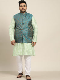 SOJANYA PLUS Men Sea Green Chikankari Embroidered Kurta with Churidar & Nehru Jacket