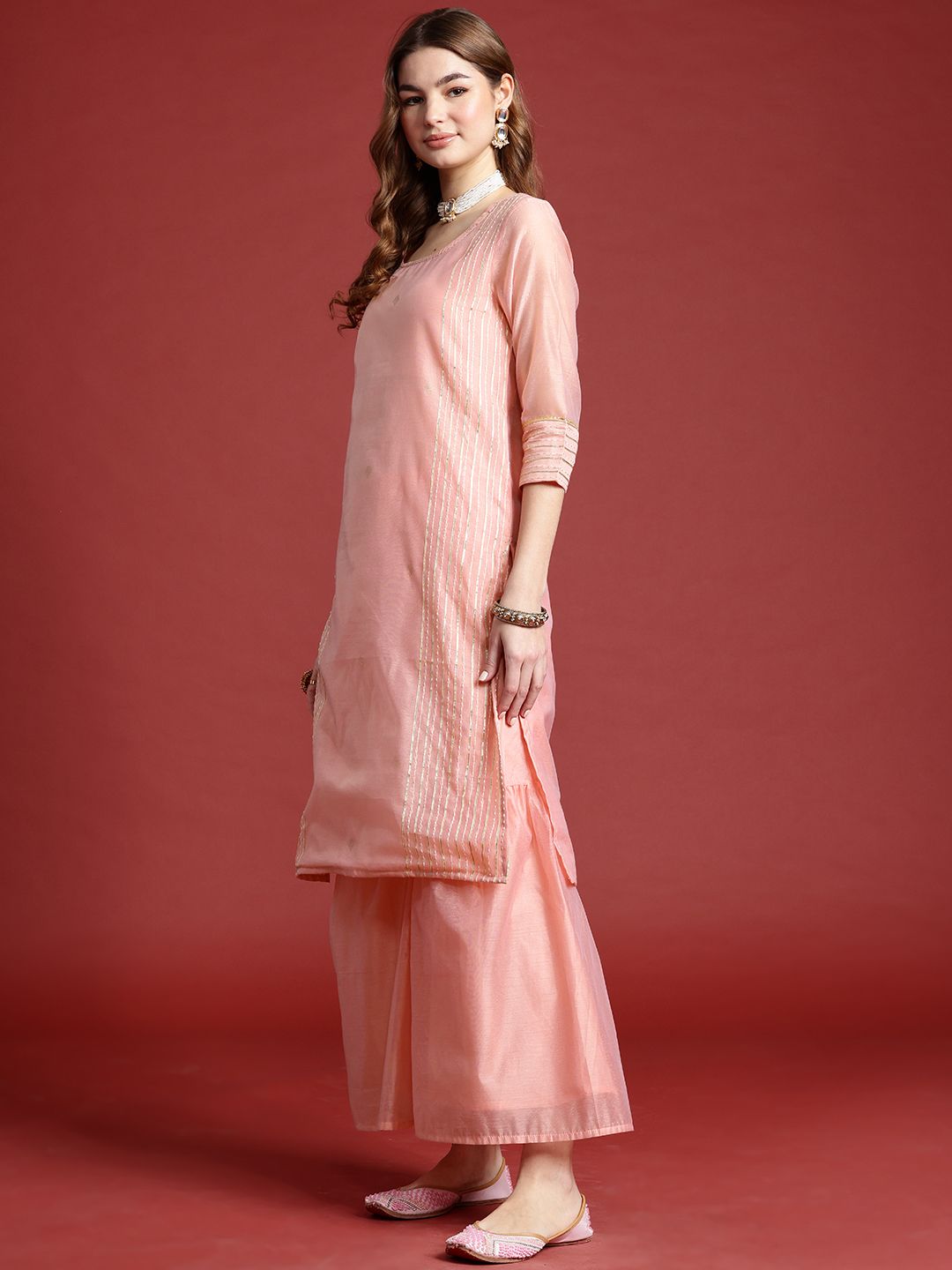 Anouk Striped Regular Kurta with Sharara & With Dupatta