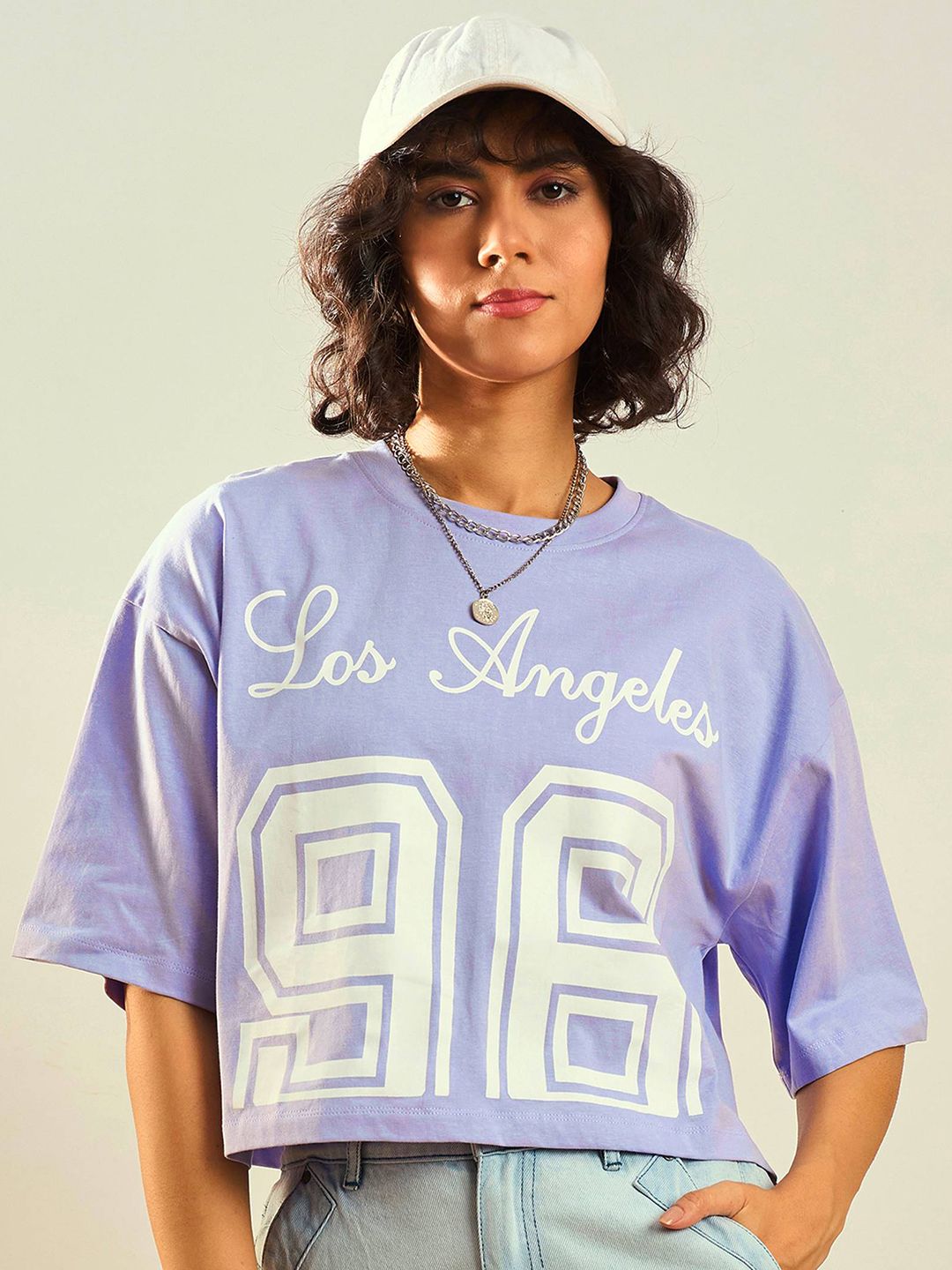 SASSAFRAS Pure Cotton Typography Printed Drop Shoulder Oversized Crop T-shirt