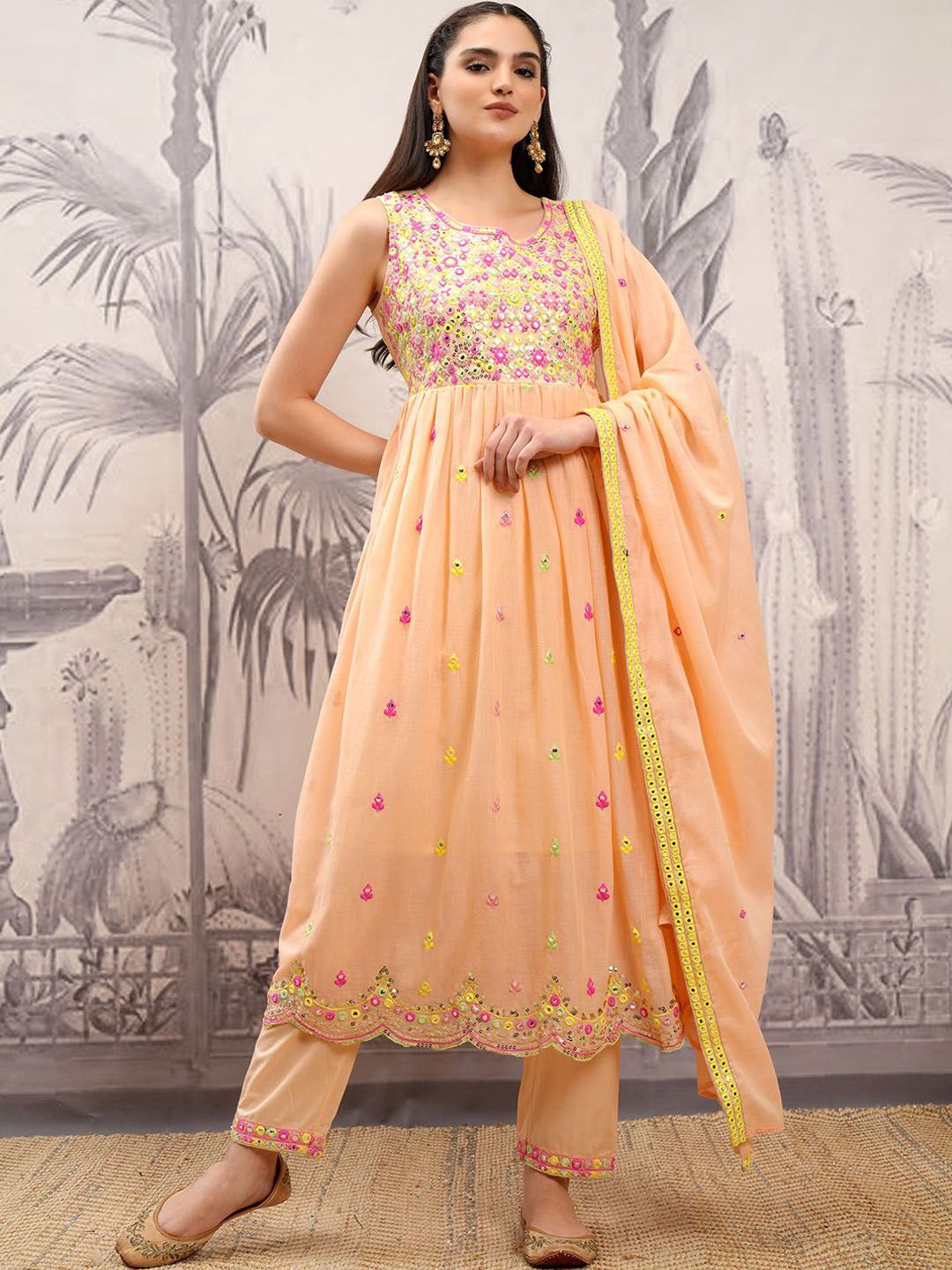 Vishudh Orange Embroidered Regular Mirror Work Pure Cotton Kurta with Trousers & Dupatta