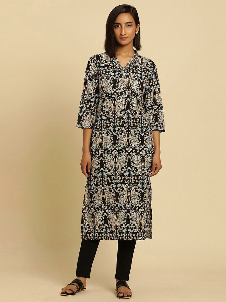 W Paisley Printed V Neck Straight Kurta