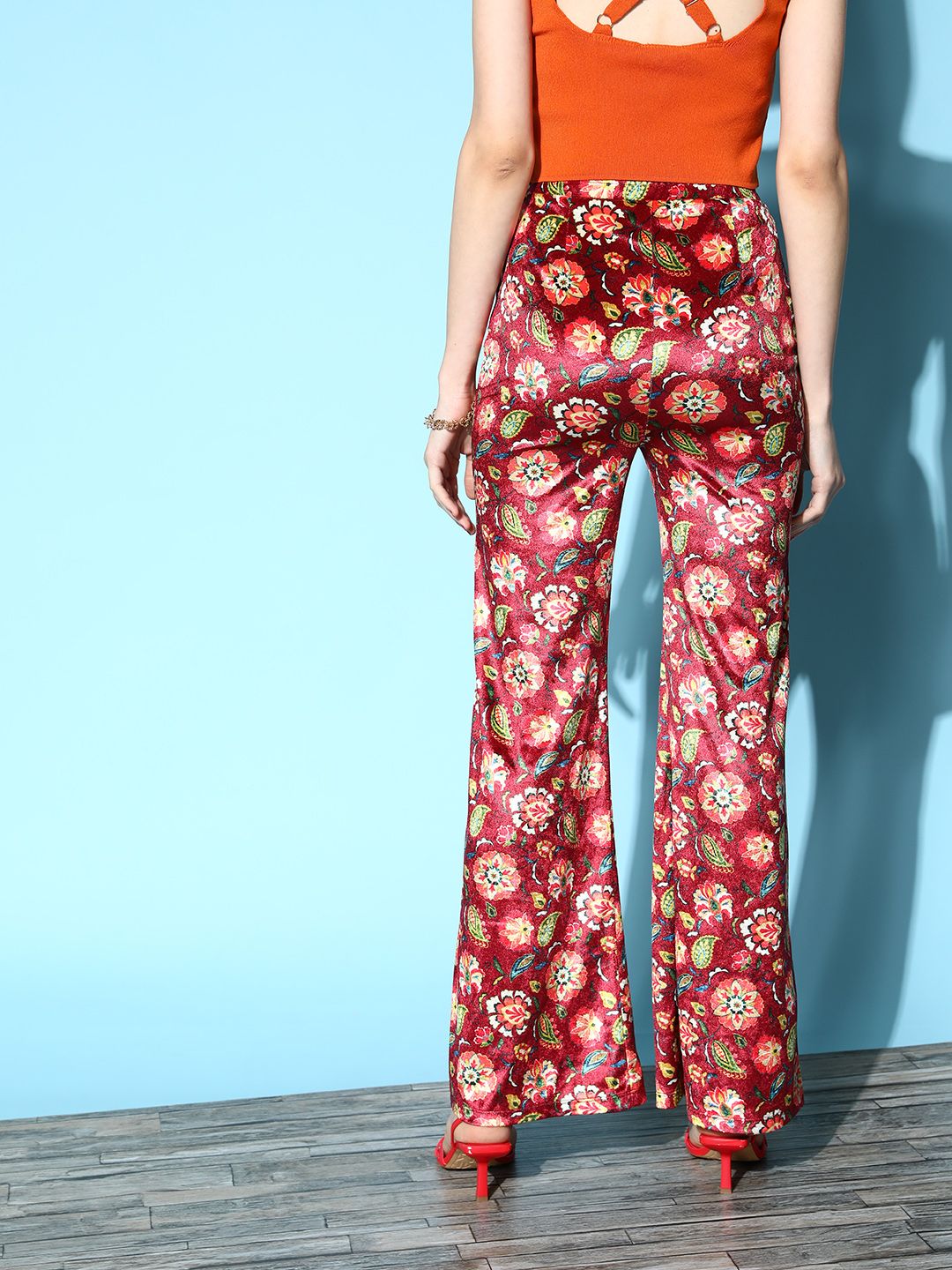 SASSAFRAS Women Lovely Maroon Floral Velvet Trousers