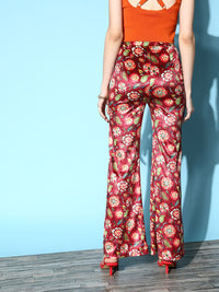 SASSAFRAS Women Lovely Maroon Floral Velvet Trousers