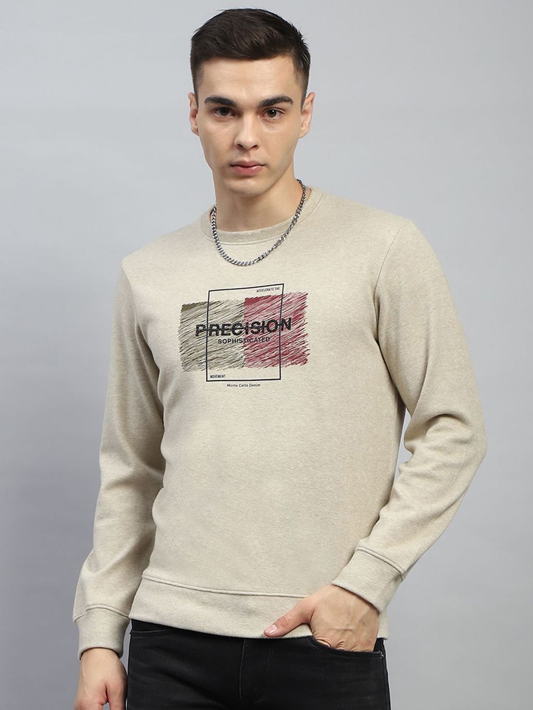 Monte Carlo Men Cotton Beige Round Neck Long Sleeves Printed Sweatshirt