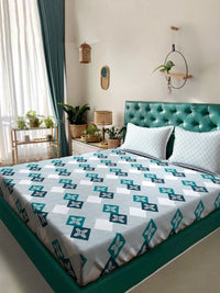Myntra Elegant Homes Biru Turquoise & Kelabu Geometrik 400 TC Cadar King dengan 2 Sarung Bantal