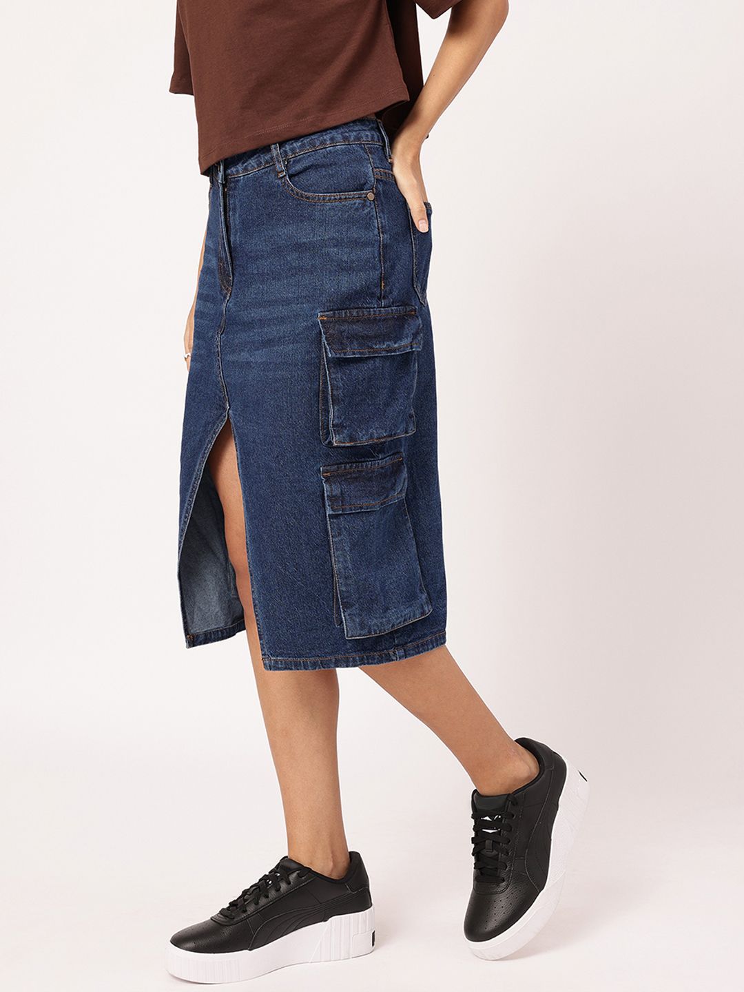 DressBerry Urban Utility Front Slit Cargo Style Denim Skirt
